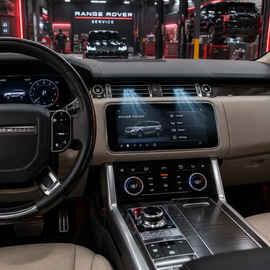 Range Rover cabin with cold air flowing from the dashboard vents after an AC repair