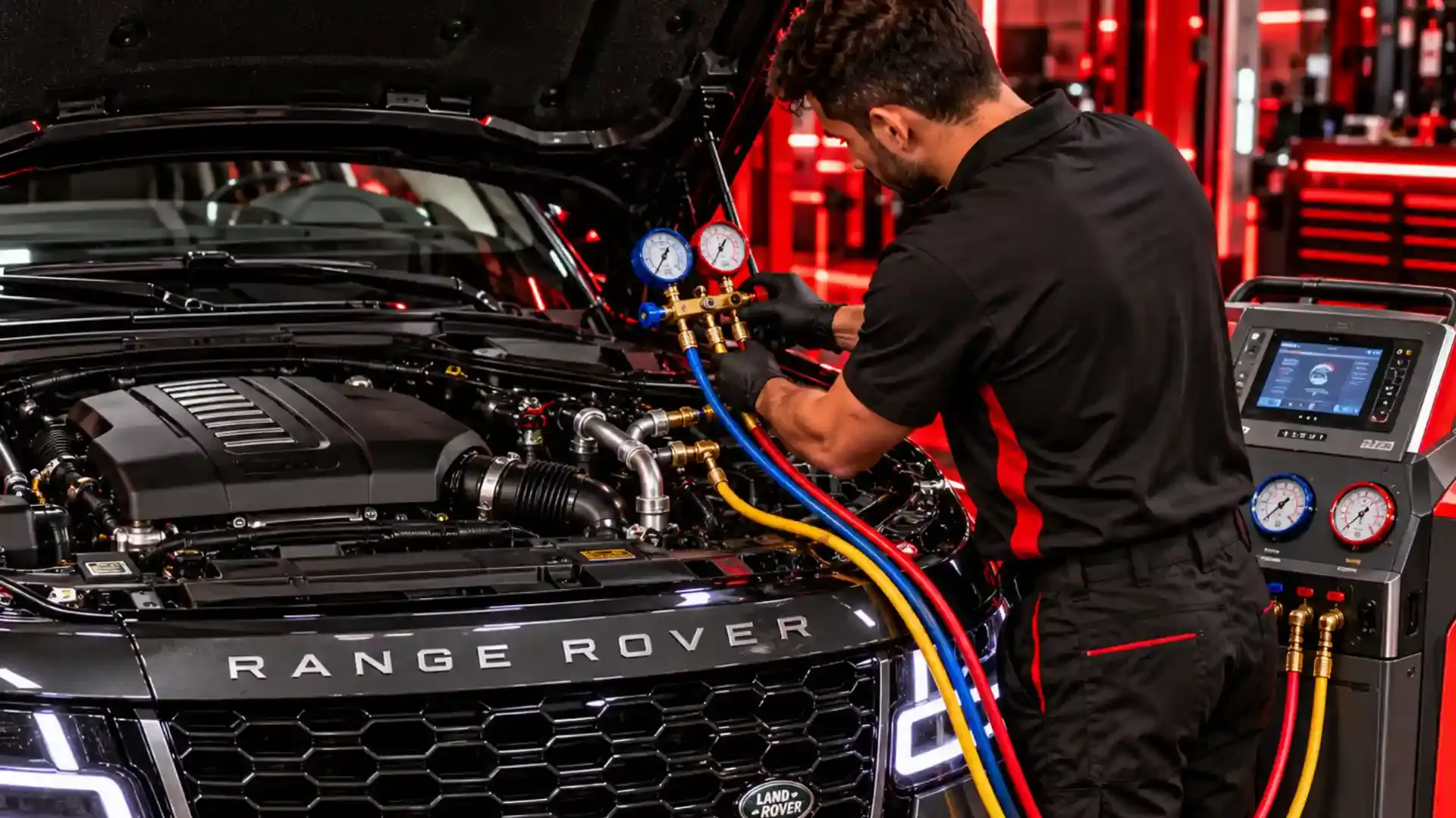 Technician connecting AC gauges to a Range Rover engine bay