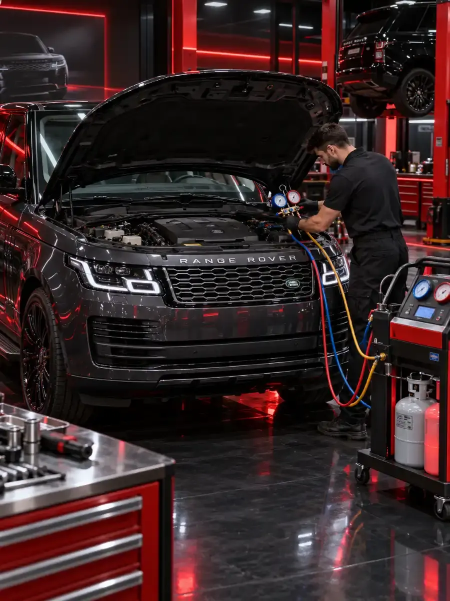 Technician recharging the AC system of a Range Rover with a refrigerant station