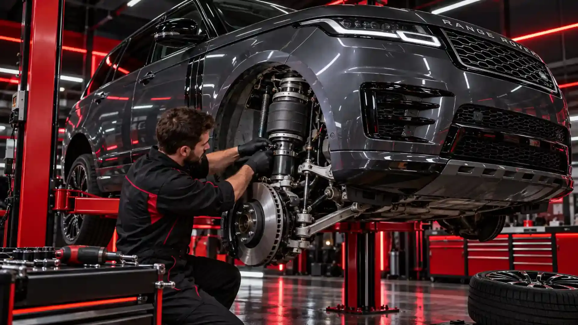 Technician fitting an air strut to a Range Rover on a lift