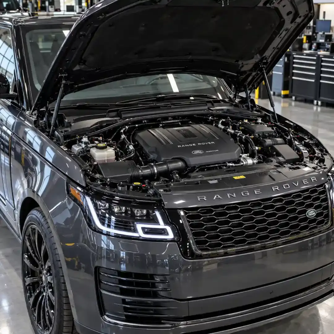 Range Rover with the bonnet open for engine work in a MOIAT-registered UAE workshop