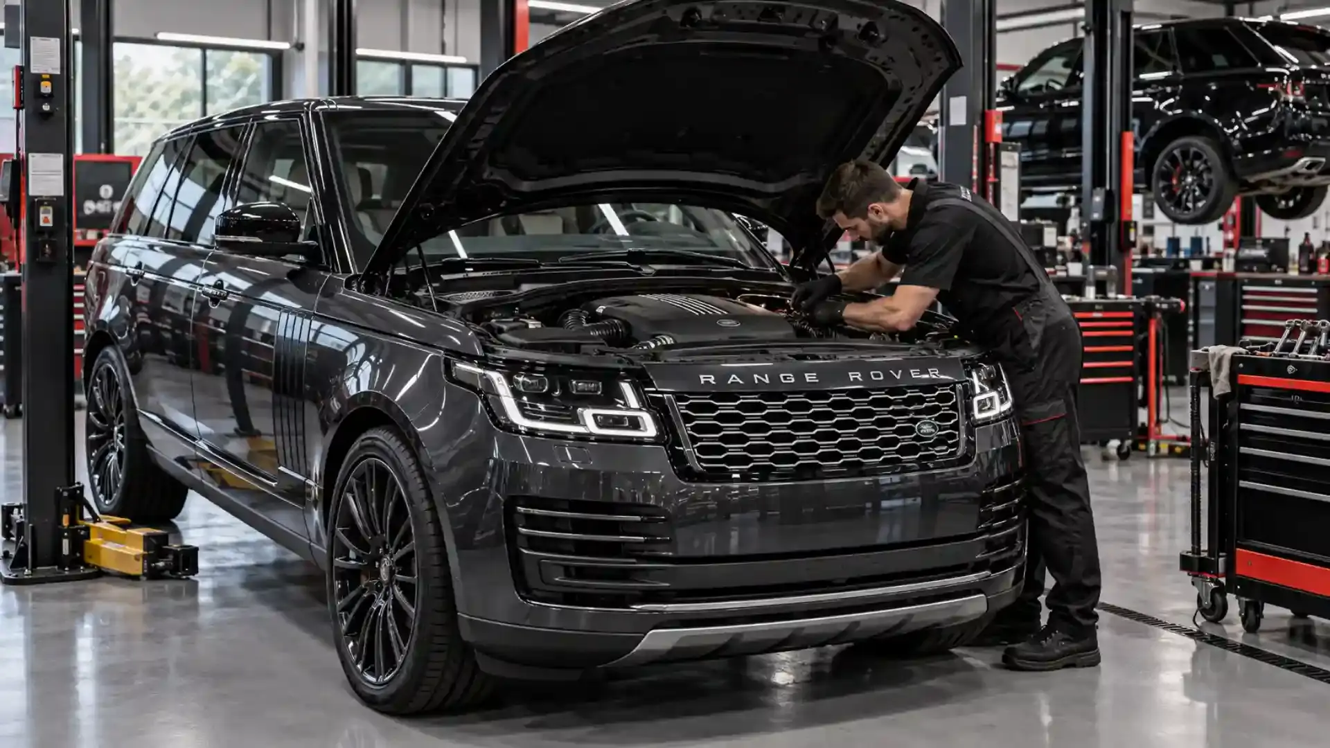 Technician working on the engine of a Range Rover at the Zenfo workshop