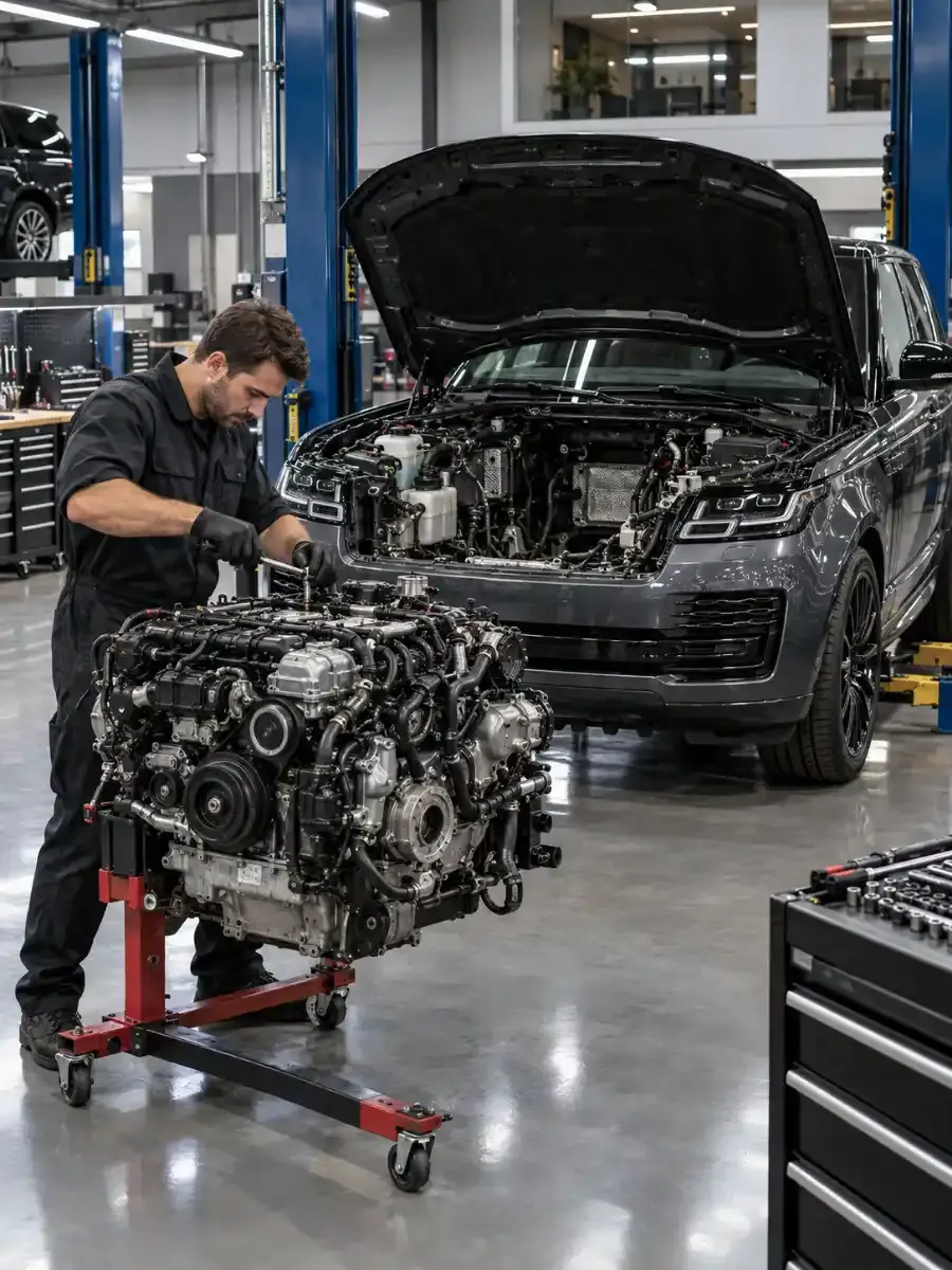 Technician with a Range Rover engine removed on a stand for rebuild at Zenfo Auto Services