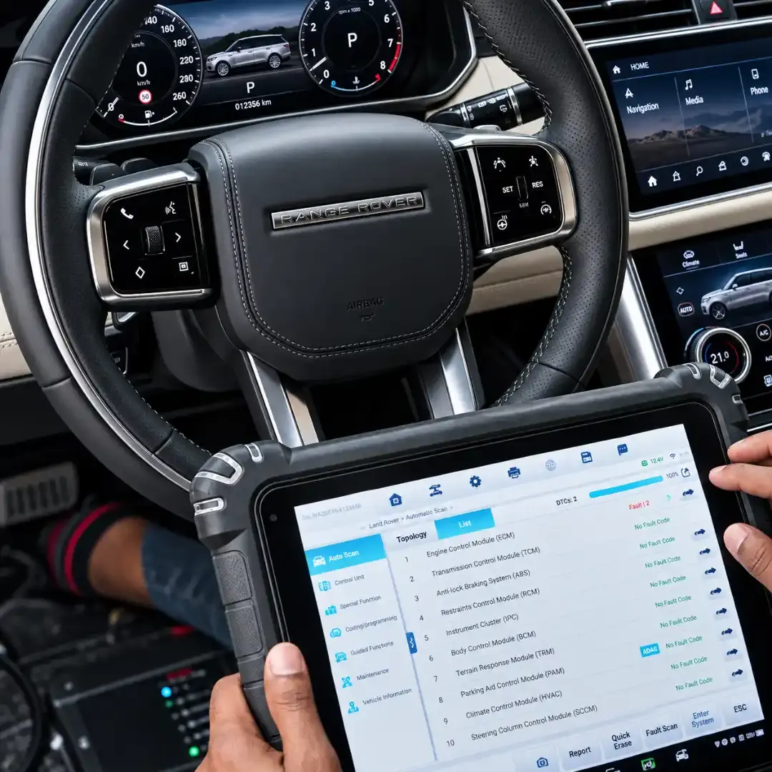 Best Range Rover mechanic in Abu Dhabi running a diagnostic scan from the driver seat