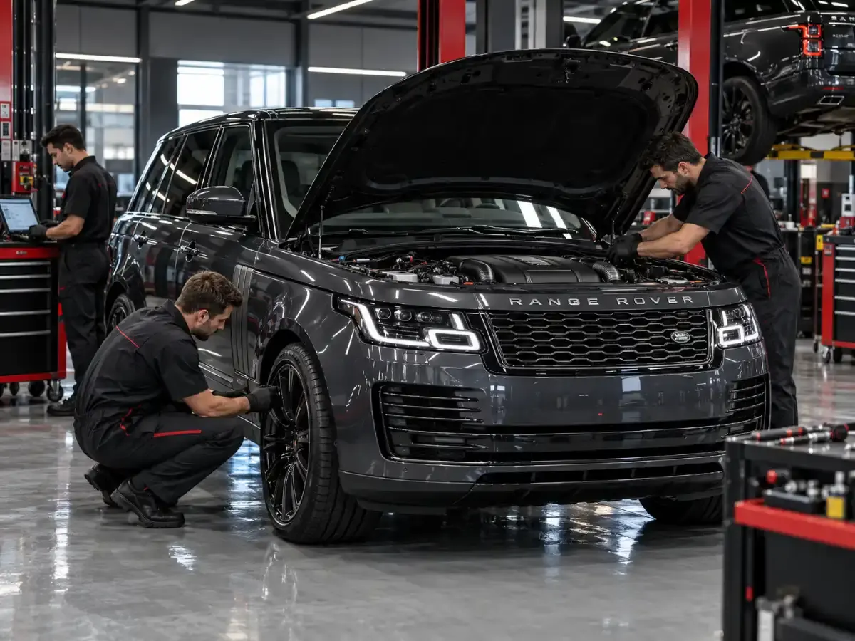 Two technicians servicing a Range Rover inside the Zenfo workshop facility in Mussafah