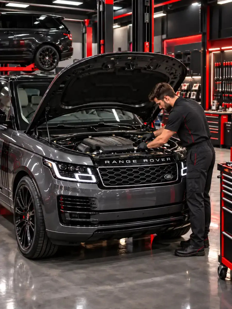 Range Rover mechanic checking the engine bay of a Range Rover in Abu Dhabi