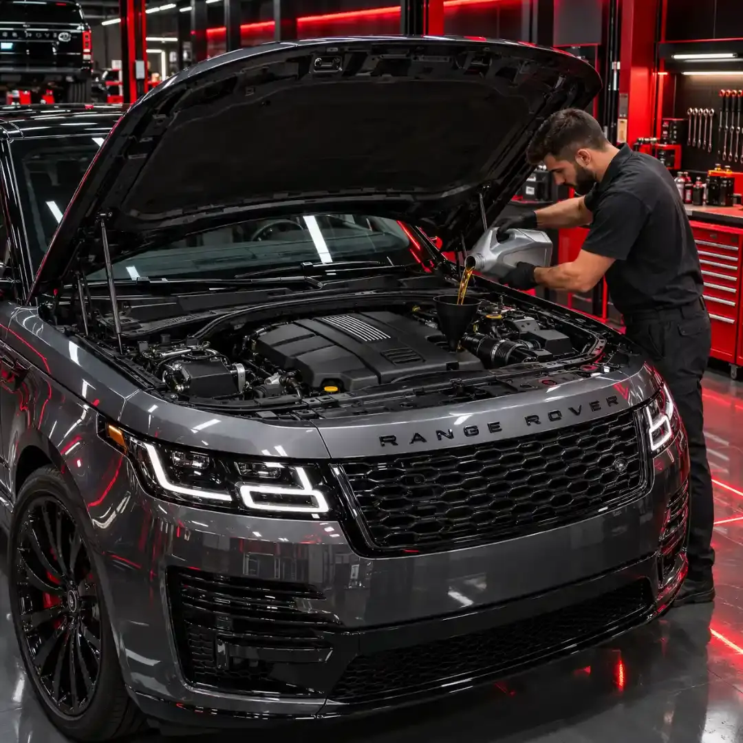Technician pouring fresh engine oil into a Range Rover