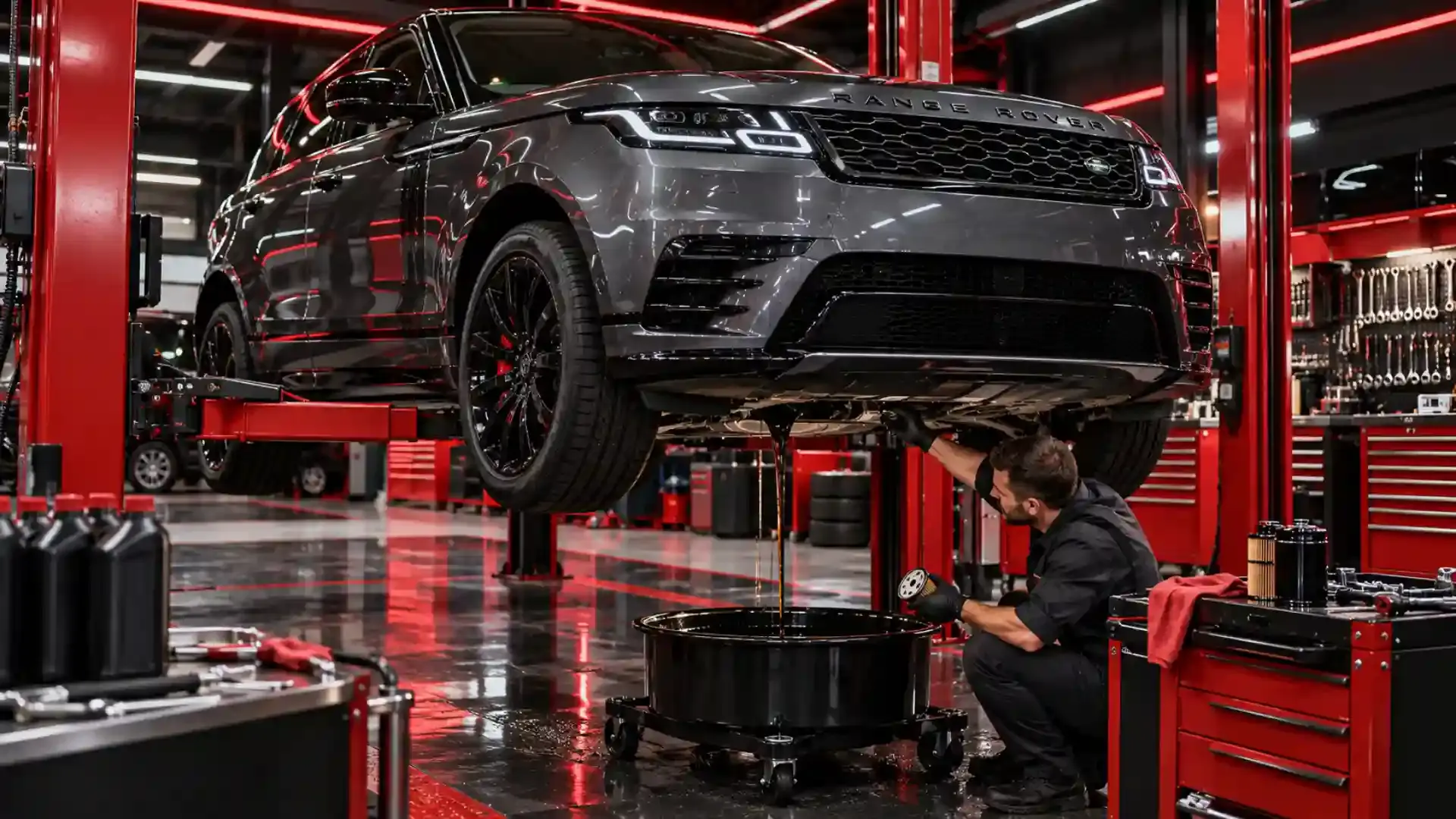 Range Rover on a lift during an oil change at the Zenfo workshop