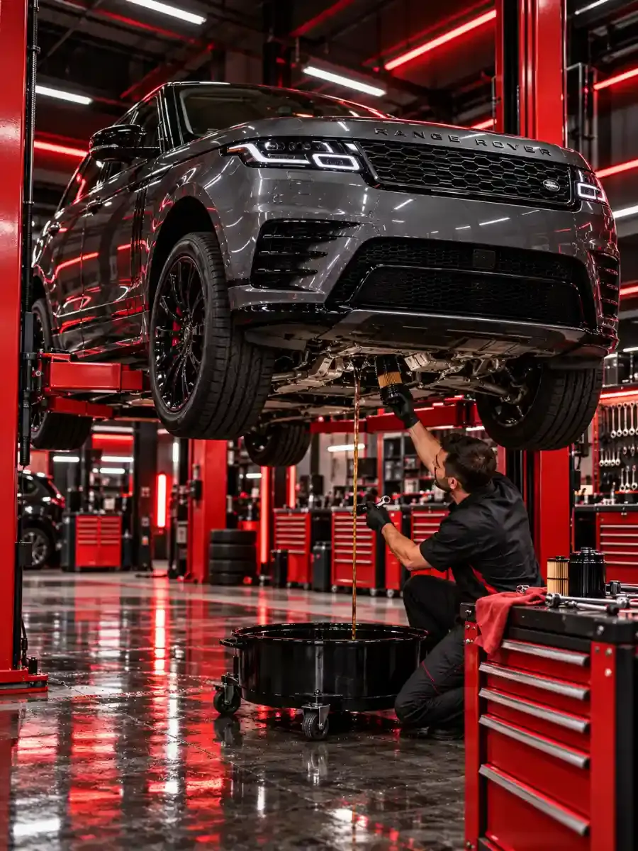 Range Rover on a lift draining old engine oil at the Mussafah workshop
