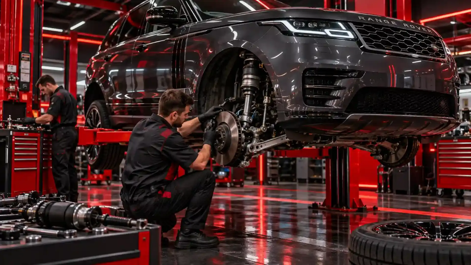 Technician repairing the front suspension of a raised Range Rover