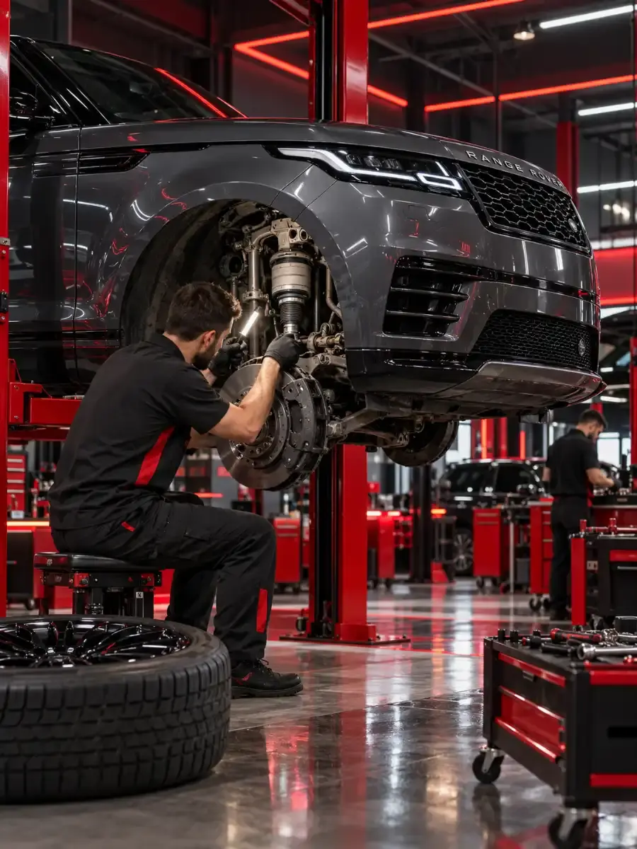 Technician working on the front suspension and brakes of a raised Range Rover