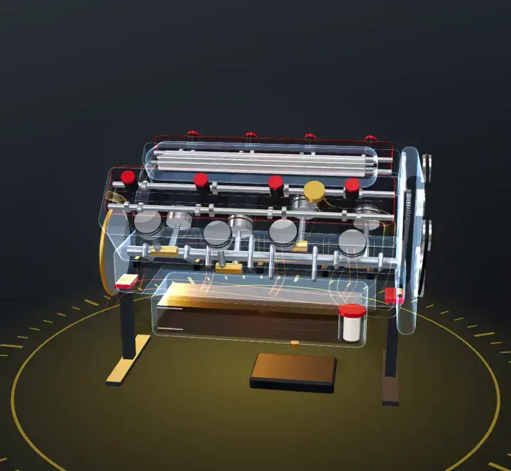 See-through 3D V8 engine filling with fresh oil