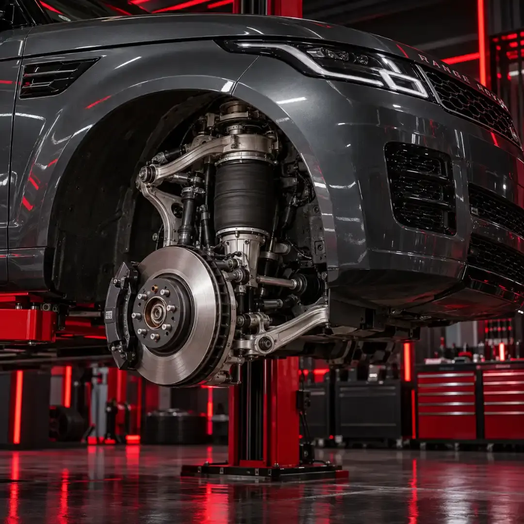Range Rover air suspension corner exposed on a lift inside the covered workshop