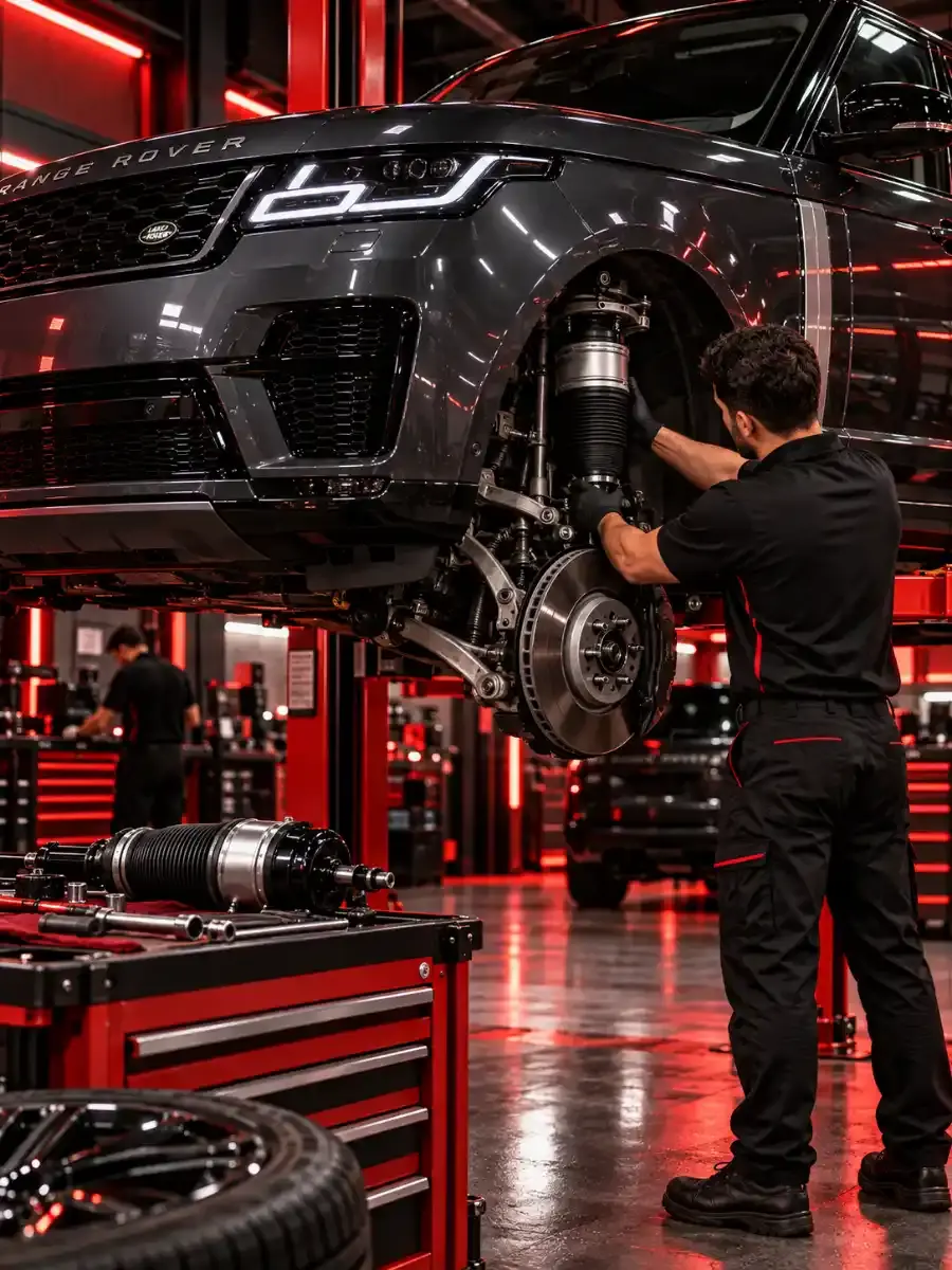 Technician fitting a front air strut on a raised Range Rover at Zenfo Auto Services